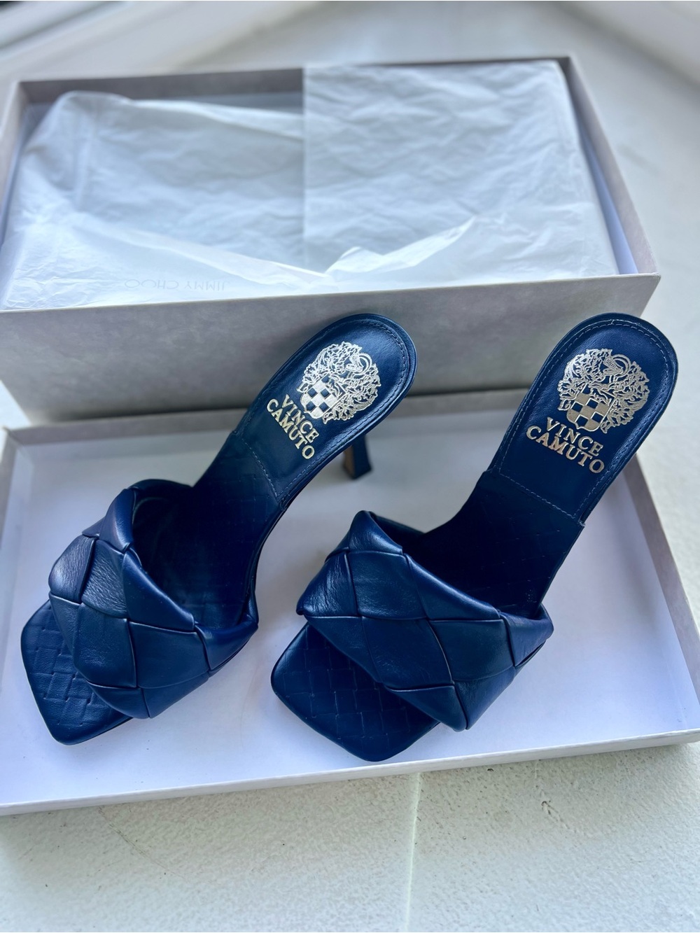 Vince Camuto Navy Blue Woven Leather Slide Mules - Like New